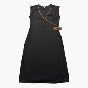 Lauren Ralph Lauren Faux Wrap Dress L Black Brown Buckle Classic Equestrian